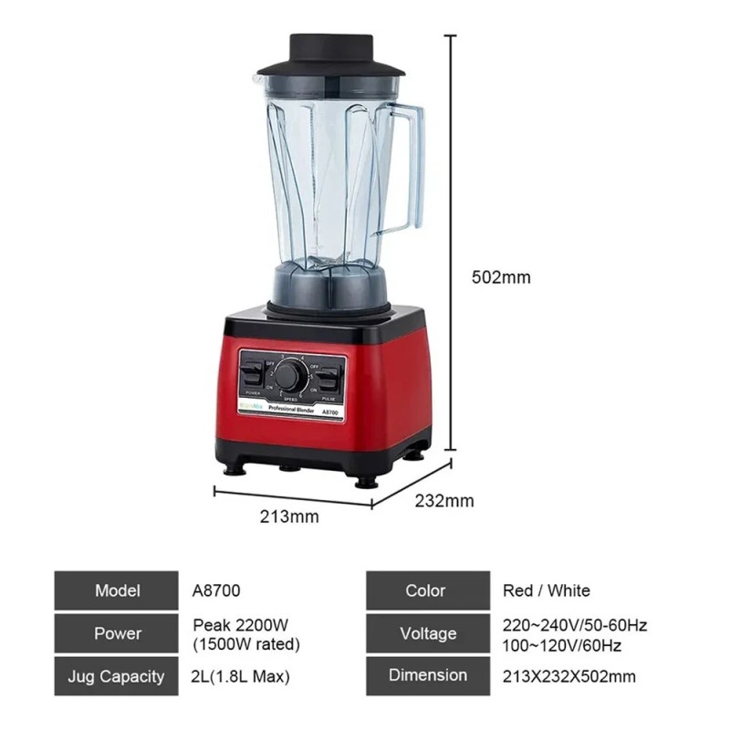 BioloMix A8700 raskas ammattikäyttöinen tehoblenderi huipputeho kaksituhattakaksasataa wattia kaksilitrainen BPA‑vapaa kannu