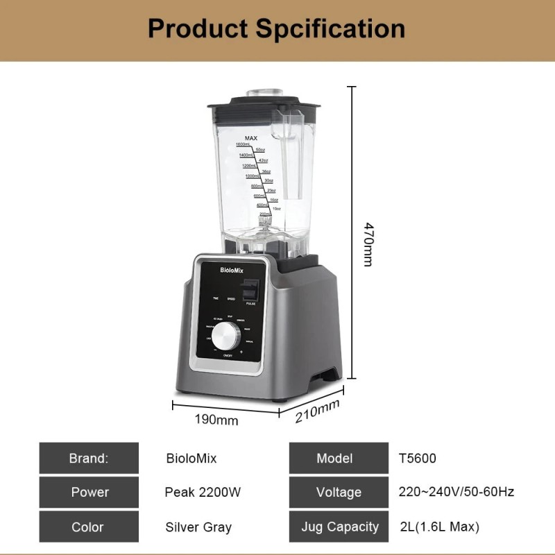 BioloMix T5600 digitaalinen 2200W BPA-vapaa 2L ammattisekoitin automaattiohjelmilla