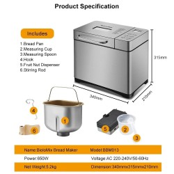 BioloMix ruostumattomasta teräksestä 1 kg leipäkone 19 ohjelmaa 650 wattia
