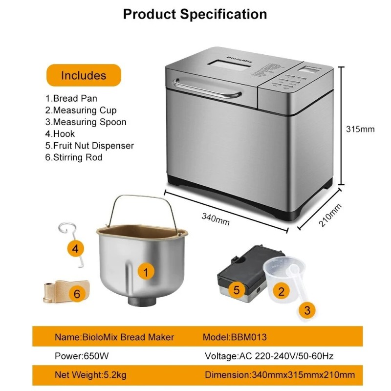BioloMix ruostumattomasta teräksestä 1 kg leipäkone 19 ohjelmaa 650 wattia
