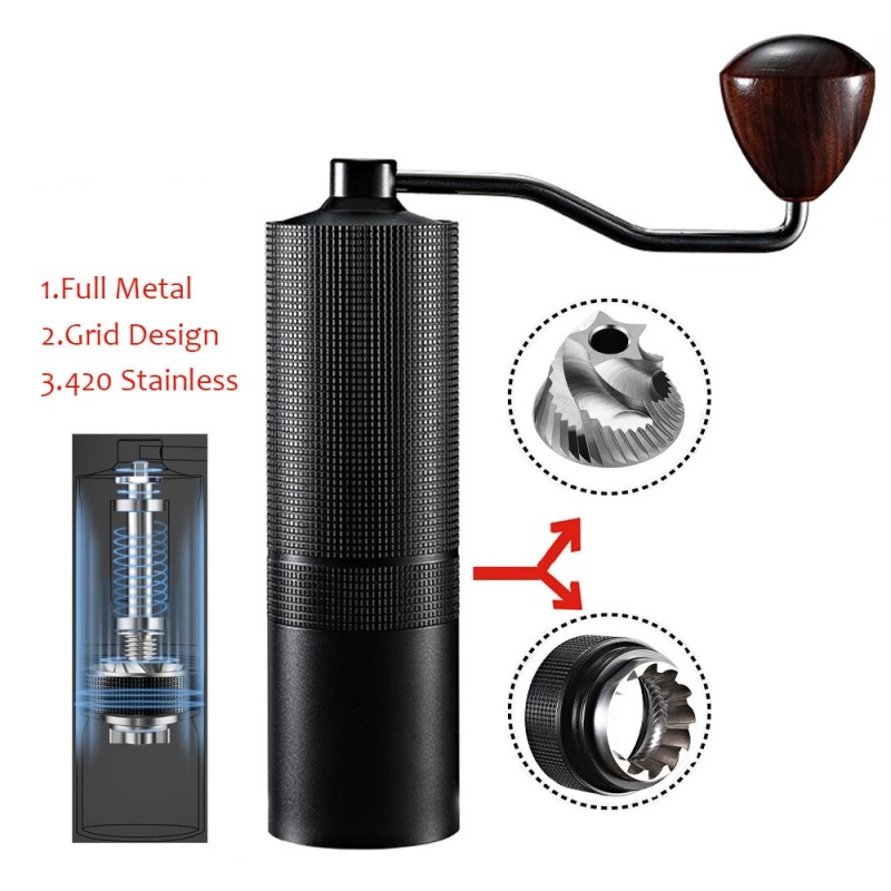 JUSTBUY käsikäyttöinen kahvimylly 38 mm kartioterillä ruostumattomasta teräksestä matkalle ja kotiin