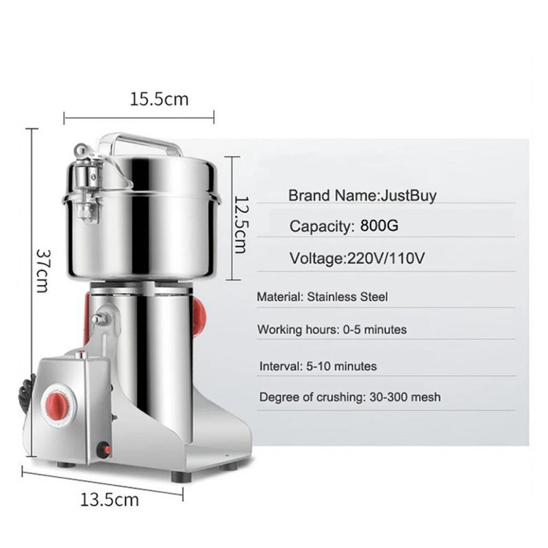 JUSTBUY 800 g nopea sähköinen maustemylly 3000W yrtti- ja viljamylly ruostumaton teräs