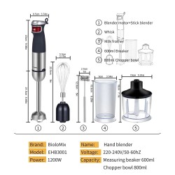 BioloMix 1200-wattinen 5-toiminen sauvasekoitin monitoimisilppuri 800 ml ja 600 ml smoothiekuppi