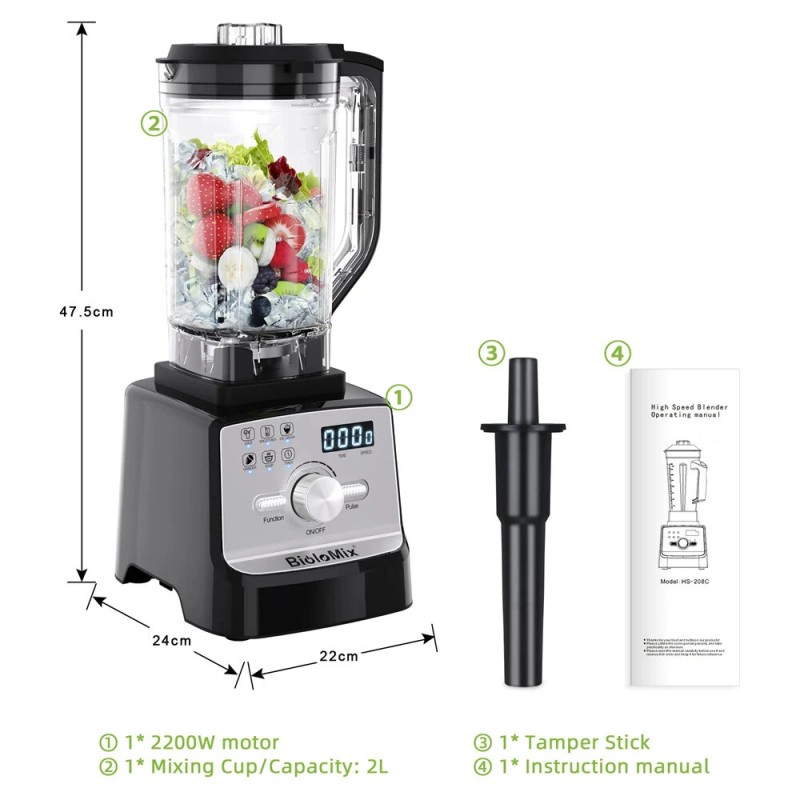 BioloMix 2200W ammattilaistason tehosekoitin 2L itsepuhdistuva ja 600 ml matkamuki