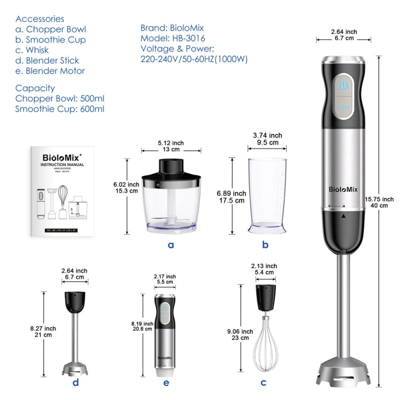 BioloMix 1000W monitoiminen sauvasekoitin silppuri vispilä 600ml smoothiemuki
