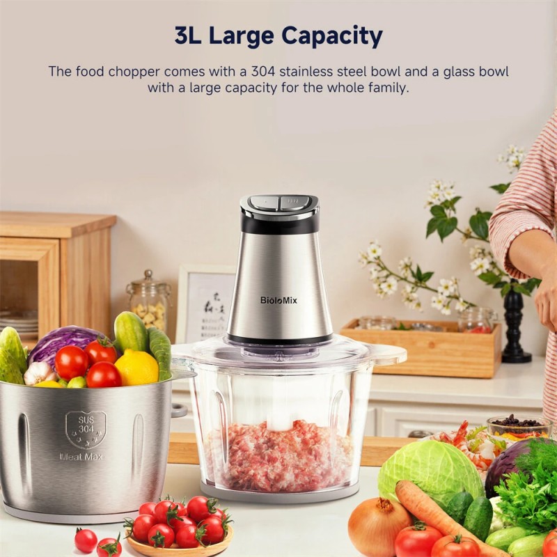 BioloMix mini sähköinen ruoan silppuri kolmesataa wattia teho kaksi kulhoa lihajauhin