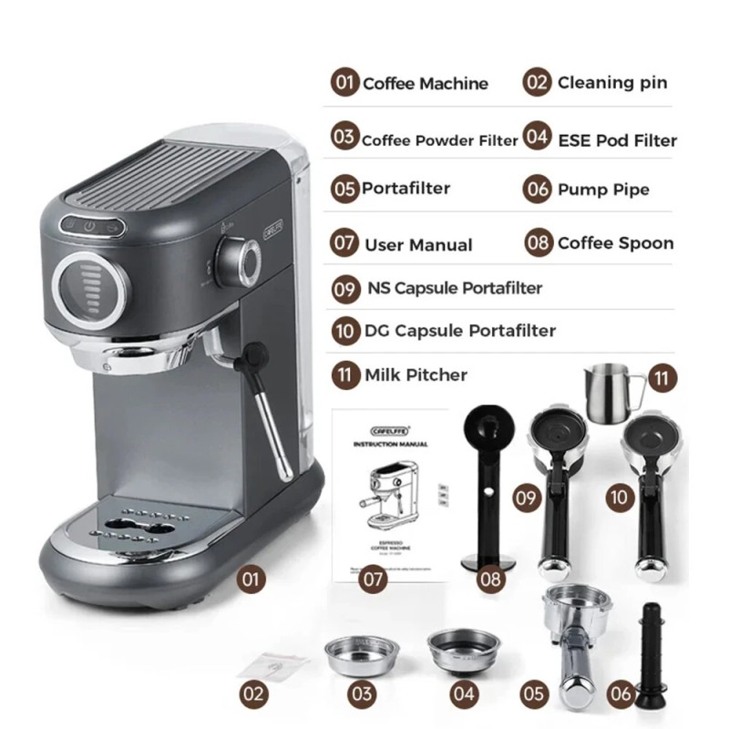 CAFELFFE MK-601F puoliautomaattinen espresso 19 baarin 1450W portafiltteri höyrysauva kapseliyhteensopiva