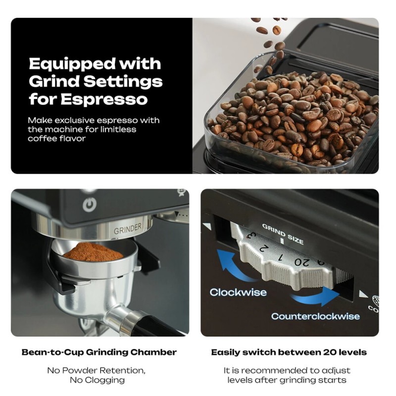 HiBREW H20 espressokone 1350W 20 barin paine sisäänrakennettu mylly maidonvaahdotin PID-lämpötilansäätö