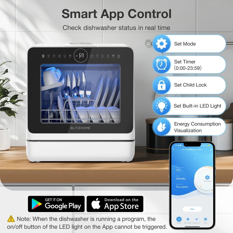 BlitzHome BH-4-CDW kompakti älykäs pöytämallinen astianpesukone sovellusohjauksella viiden litran vesitankilla