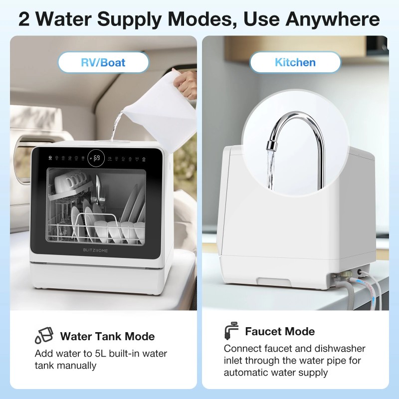 BlitzHome BH-4-CDW kompakti älykäs pöytämallinen astianpesukone sovellusohjauksella viiden litran vesitankilla