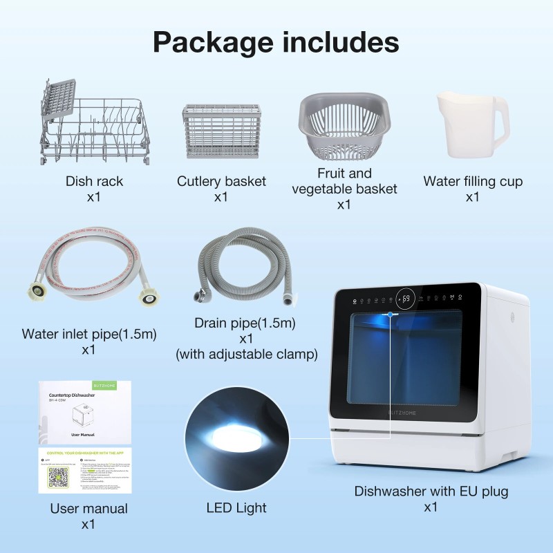 BlitzHome BH-4-CDW kompakti älykäs pöytämallinen astianpesukone sovellusohjauksella viiden litran vesitankilla