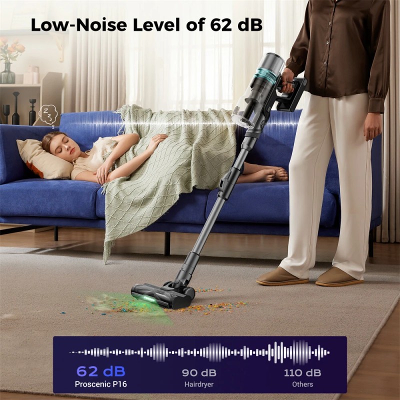 Proscenic P16 langaton varsi-imuri vihreä led 50 kPa 55 minuutin akunkesto 180 asteen taipuva putki