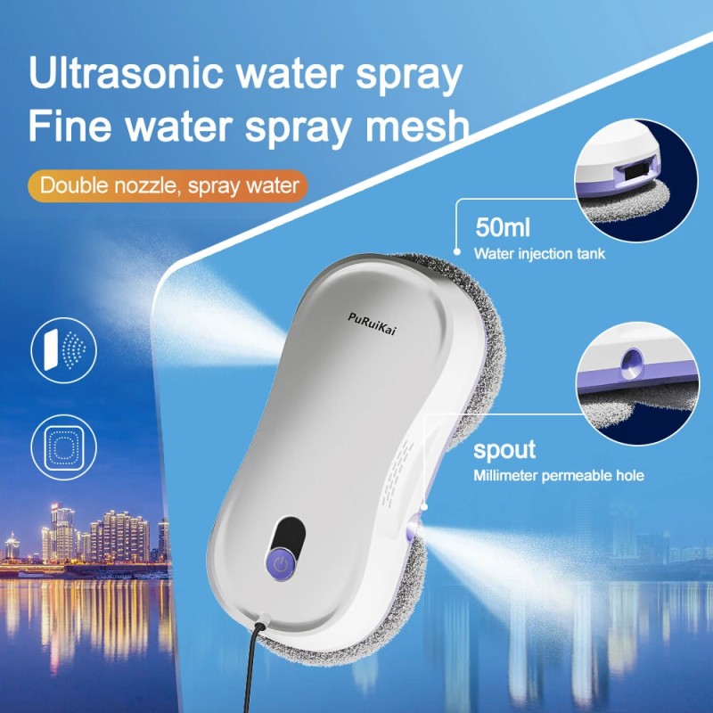 PuRuiKai ikkunanpesurobotti kaksoissuuttimella kaukosäätimellä akkukäyttöinen 5600 Pa:n imuteho