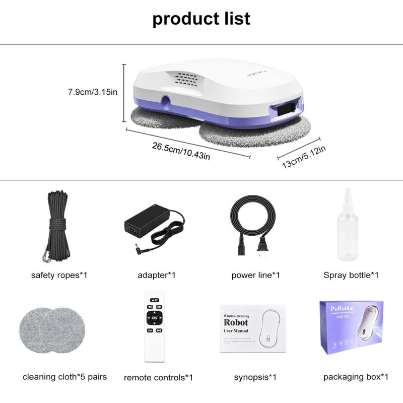PuRuiKai ikkunanpesurobotti kaksoissuuttimella kaukosäätimellä akkukäyttöinen 5600 Pa:n imuteho