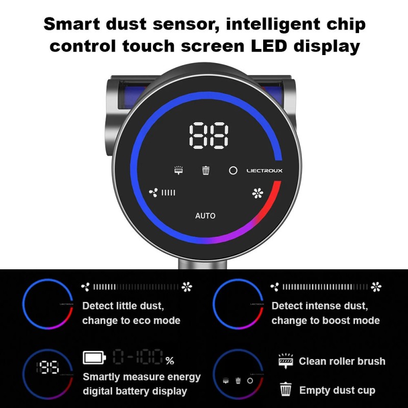 LIECTROUX i10 langaton sauvaimuri 27000Pa vahva imu 45min akku pölyntunnistus värikosketusnäyttö