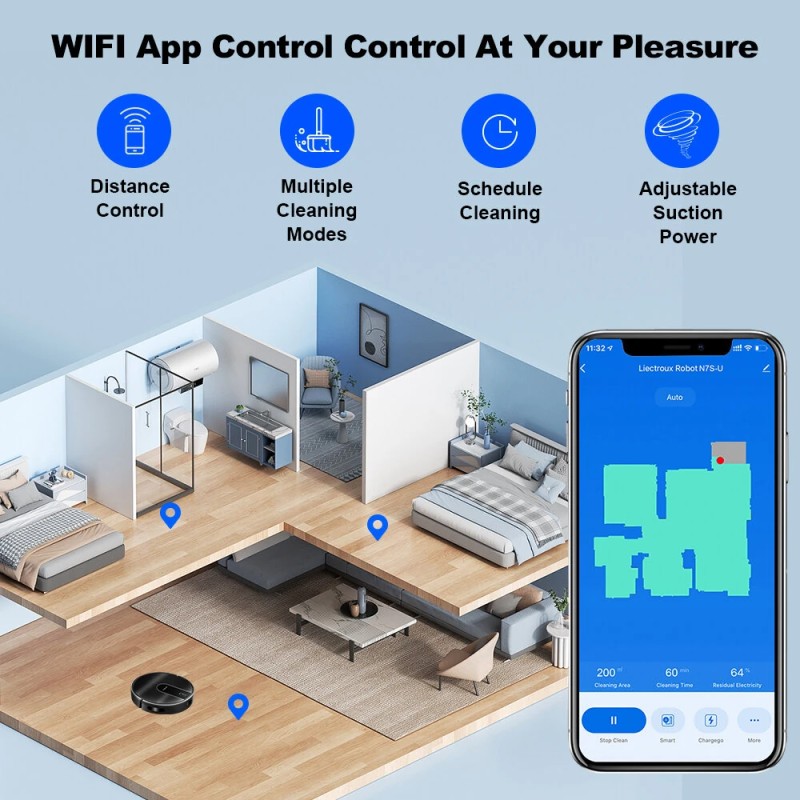 LIECTROUX N7S-U robotti-imuri ja moppaus, Tuya-sovellusohjaus, harjaton moottori, 4000Pa imuteho