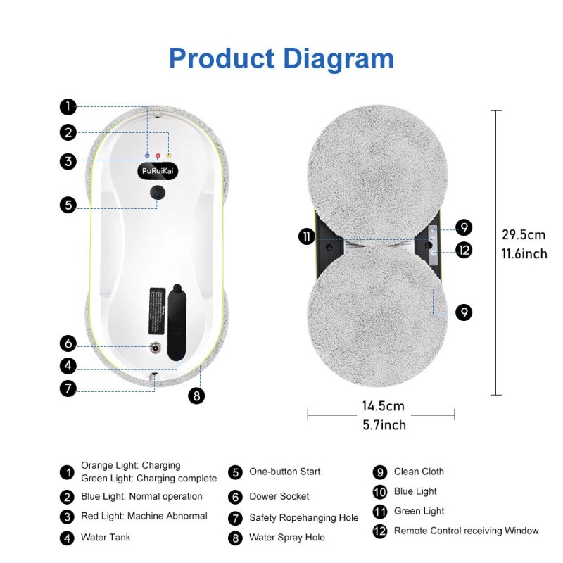 PuRuiKai robotti-ikkunanpesuri 2800Pa imuteho automaattinen vesisuihku kaukosäädin harjaton moottori turvajohto