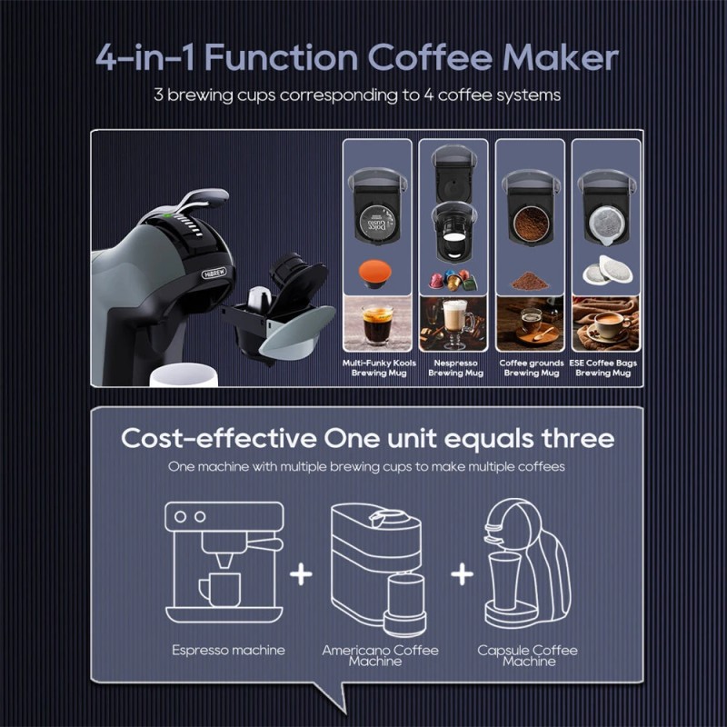 HiBREW H17 monitoimikapselikahvinkeitin nelitoiminen 20 baarin kuuma ja kylmä uutto 7-portainen vesimäärän säätö kosketuspaneeli