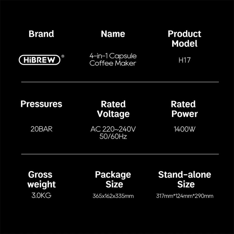 HiBREW H17 monitoimikapselikahvinkeitin nelitoiminen 20 baarin kuuma ja kylmä uutto 7-portainen vesimäärän säätö kosketuspaneeli