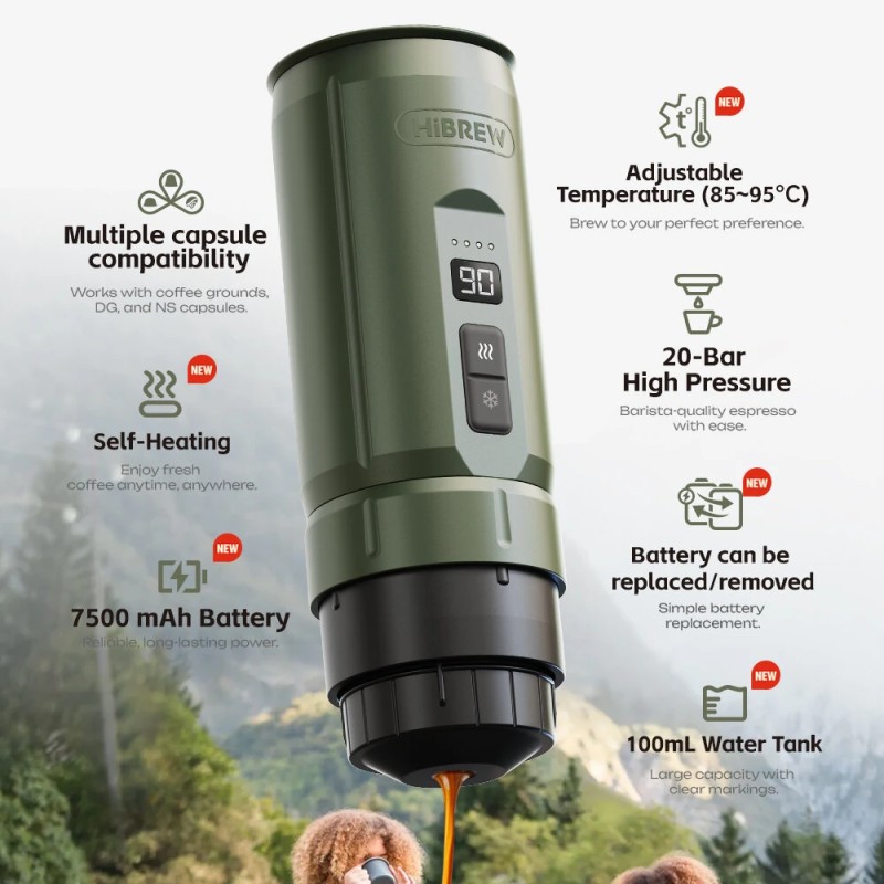 HiBREW H4C kannettava espressokeitin 20 baarin paine irrotettava 7500mAh akku yhteensopiva NS- ja DG-kapseleiden kanssa