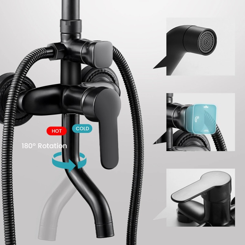 BVSOIVIA kolmitoiminen mattamusta suihkujärjestelmä seinäasennus hyllyllä ja käsisuihkulla