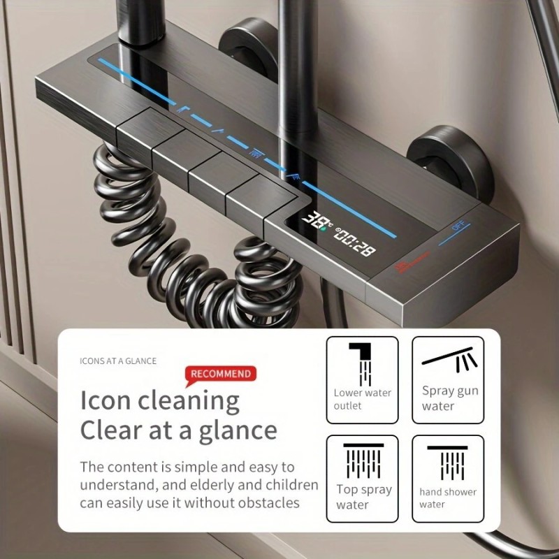 Avaruusalumiininen digitaalinen neliösuihkusetti pianopainikkeella, käsisuihkulla ja ympäristövalaistuksella