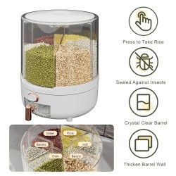 Hyönteissuojattu riisiannostelija kotitalouksille 360 asteen kääntyvä kuuden lokeron säiliö