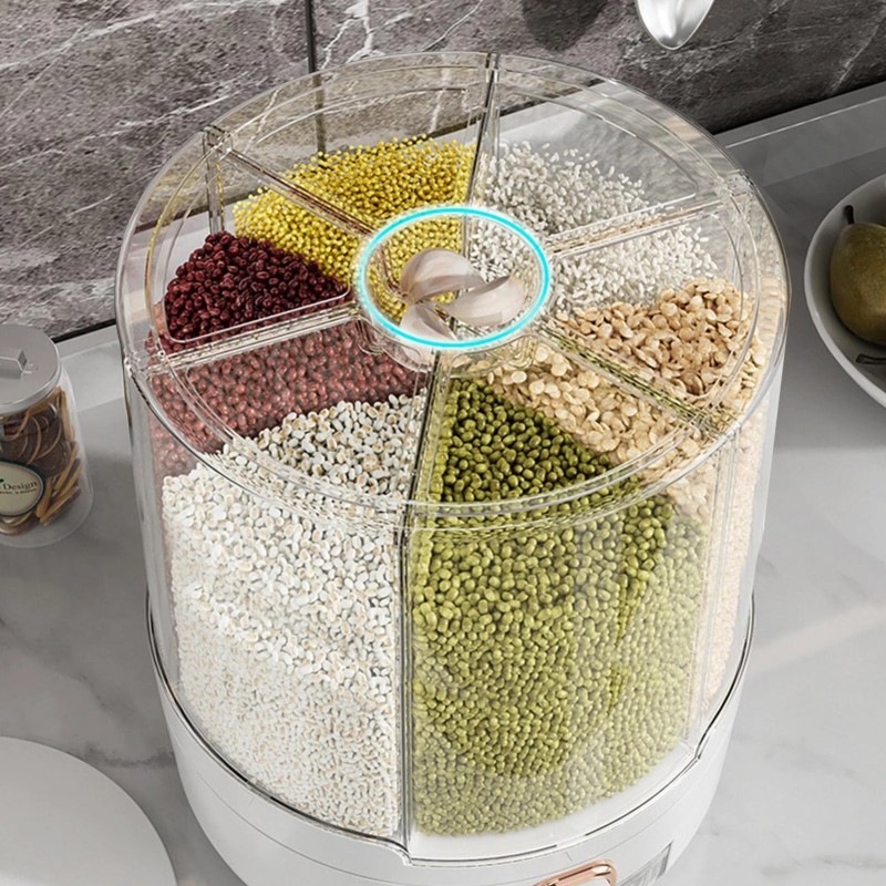 Hyönteissuojattu riisiannostelija kotitalouksille 360 asteen kääntyvä kuuden lokeron säiliö