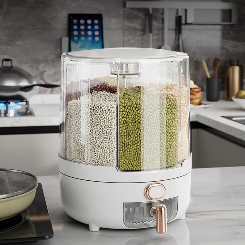Hyönteissuojattu riisiannostelija kotitalouksille 360 asteen kääntyvä kuuden lokeron säiliö