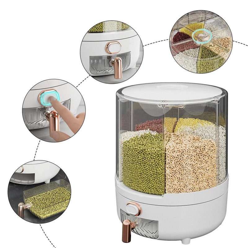 Hyönteissuojattu riisiannostelija kotitalouksille 360 asteen kääntyvä kuuden lokeron säiliö