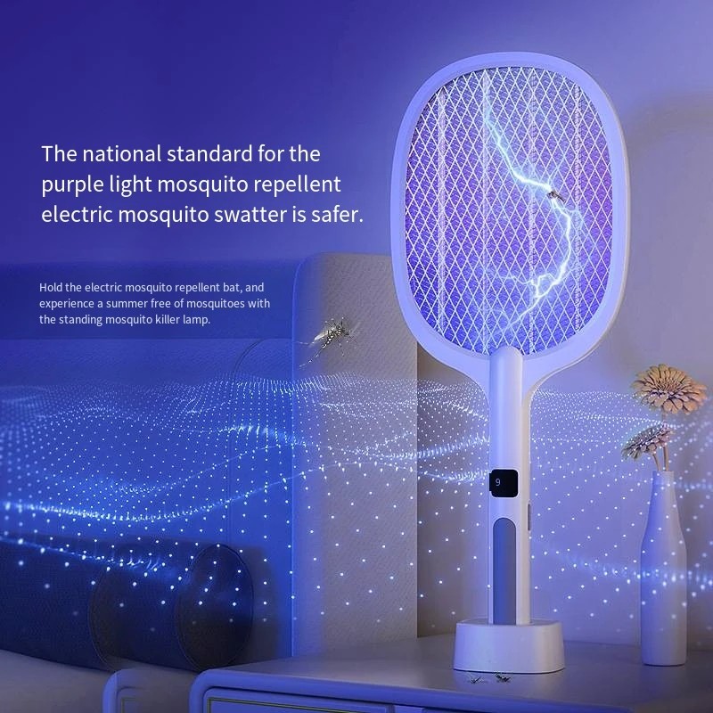 Sähköinen hyttysläppä digitaalisella näytöllä, C-tyypin ladattava, violetti valonauha ja automaattitila