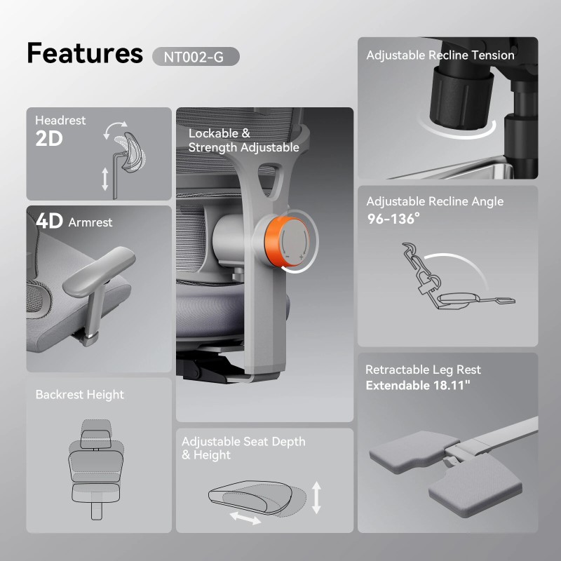 NEWTRAL NT002 ergonominen korkeaselkäinen työtuoli jalkatuella säädettävä ristiseläntuki 4D-käsinojilla