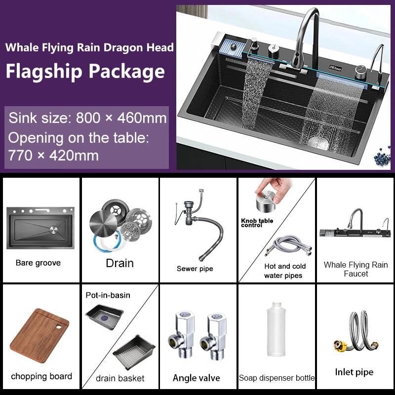 Integroitu 80x46 cm ruostumaton teräs keittiöallas monitoimihanalla digitaalinäytöllä