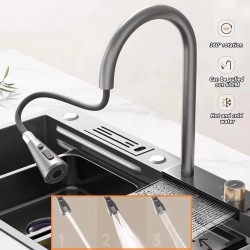 Ammattimainen keittiön pesuallas nano-vesiputouksella ulosvedettävä hana ruostumaton teräs yksiallas valumalevy asennusreijillä