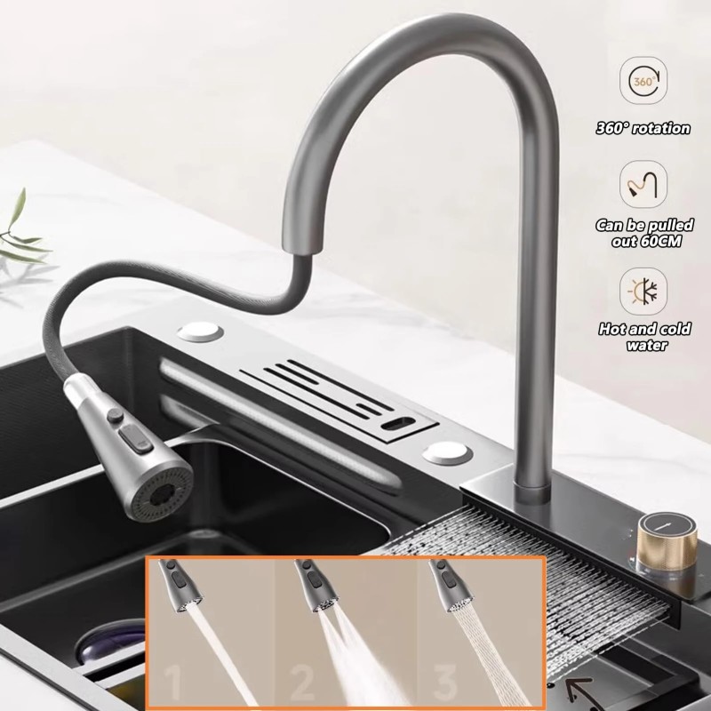 Ammattimainen keittiön pesuallas nano-vesiputouksella ulosvedettävä hana ruostumaton teräs yksiallas valumalevy asennusreijillä