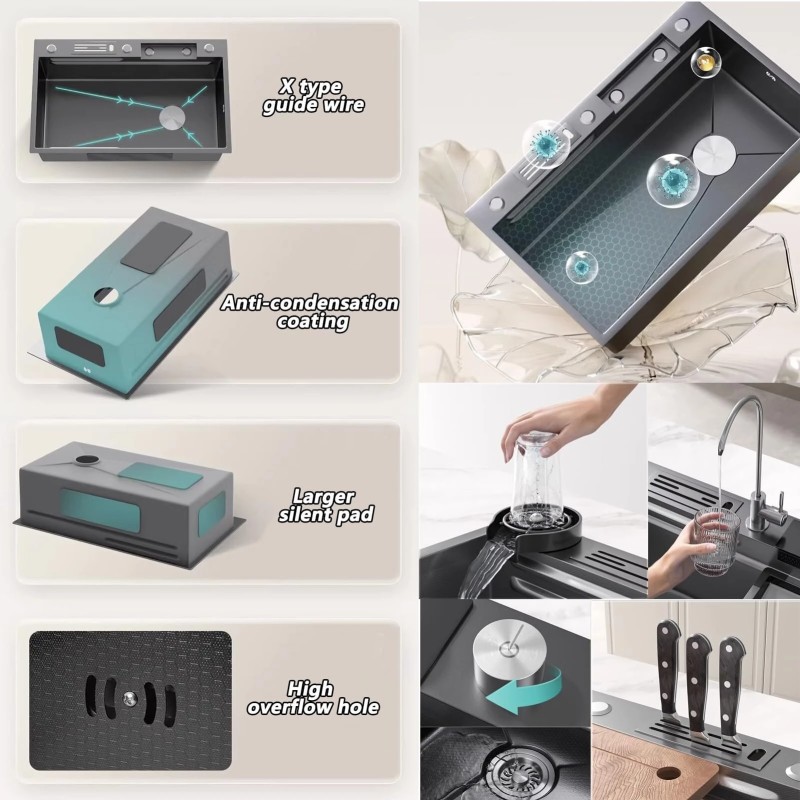 Ammattimainen keittiön pesuallas nano-vesiputouksella ulosvedettävä hana ruostumaton teräs yksiallas valumalevy asennusreijillä