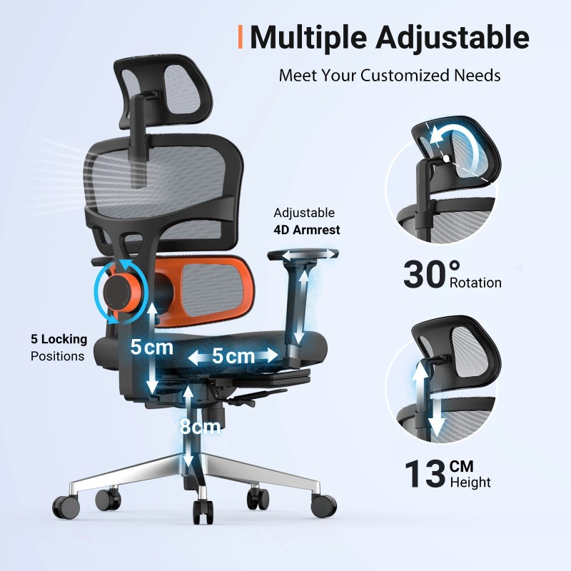 NEWTRAL NT002 pro-versio ergonominen toimistotuoli jalkatuella säädettävä ristiseläntuki 4D-käsinojat