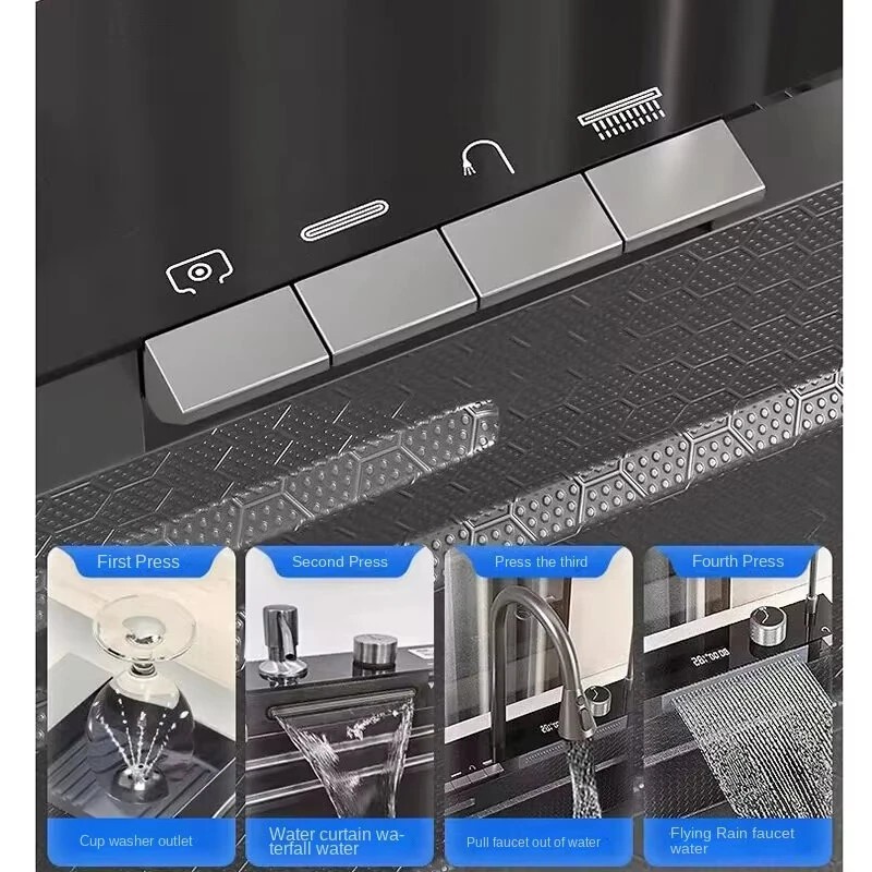 Integroitu digitaalinen näyttö keittiöhana pesuallas alasvedettävä kaksoisvesiputous saippua-annostin ruostumaton teräs