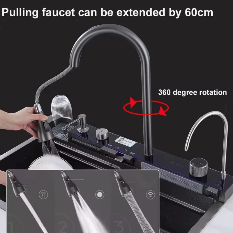 Integroitu digitaalinen näyttö keittiöhana pesuallas alasvedettävä kaksoisvesiputous saippua-annostin ruostumaton teräs