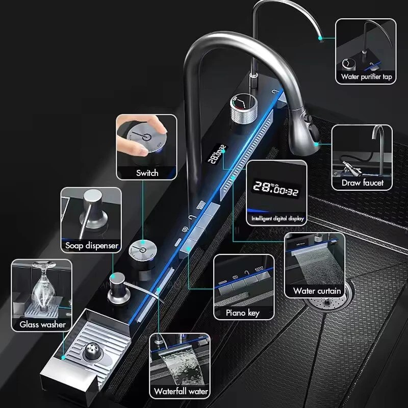 Integroitu digitaalinen näyttö keittiöhana pesuallas alasvedettävä kaksoisvesiputous saippua-annostin ruostumaton teräs