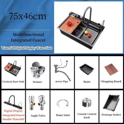 Integroitu digitaalinen näyttö keittiöhana pesuallas alasvedettävä kaksoisvesiputous saippua-annostin ruostumaton teräs