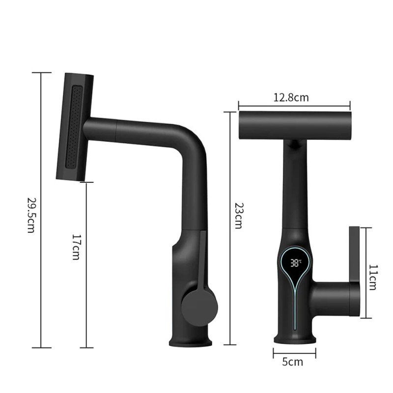Vesiputouslämpötilanäyttöinen monitoimipesuallashana ulosvedettävällä suihkulla neljä suihkutapaa keittiöön kylpyhuoneeseen