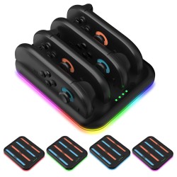 JYS JYS-NS2303 lataustelakka neljälle Joy-Con-ohjaimelle Type-C pikalataus RGB-valaistus LED-merkit