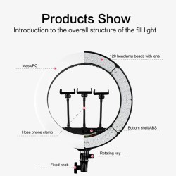 HQ18 LED rengasvalo säädettävällä jalustalla 55W 3000–6000K 3 väritilaa YouTube TikTok
