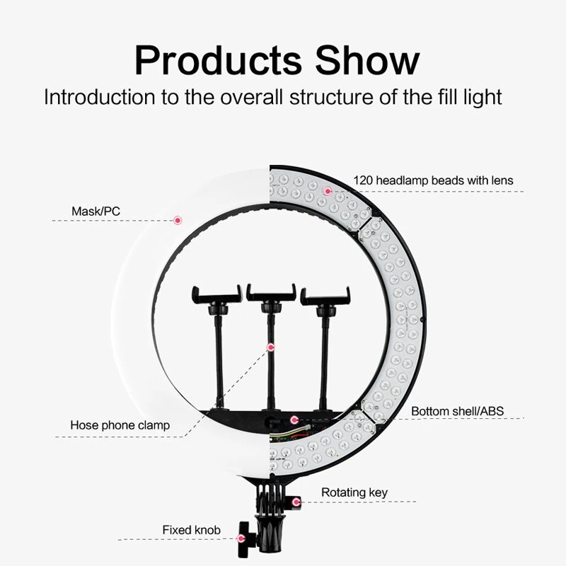 HQ18 LED rengasvalo säädettävällä jalustalla 55W 3000–6000K 3 väritilaa YouTube TikTok