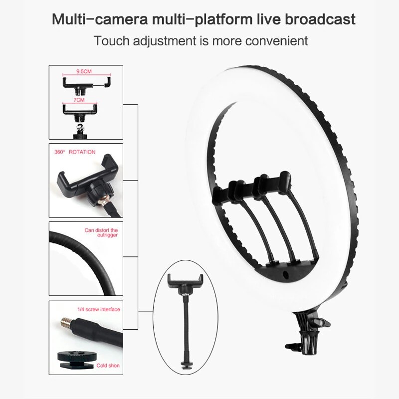 HQ18 LED rengasvalo säädettävällä jalustalla 55W 3000–6000K 3 väritilaa YouTube TikTok