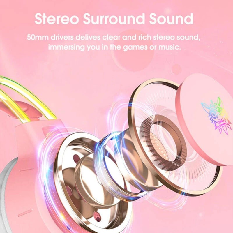 ONIKUMA X15 PRO vaaleanpunaiset kissankorvakuulokkeet pelikuulokkeet 50 mm tilaääni RGB-valaistus HD-mikrofoni