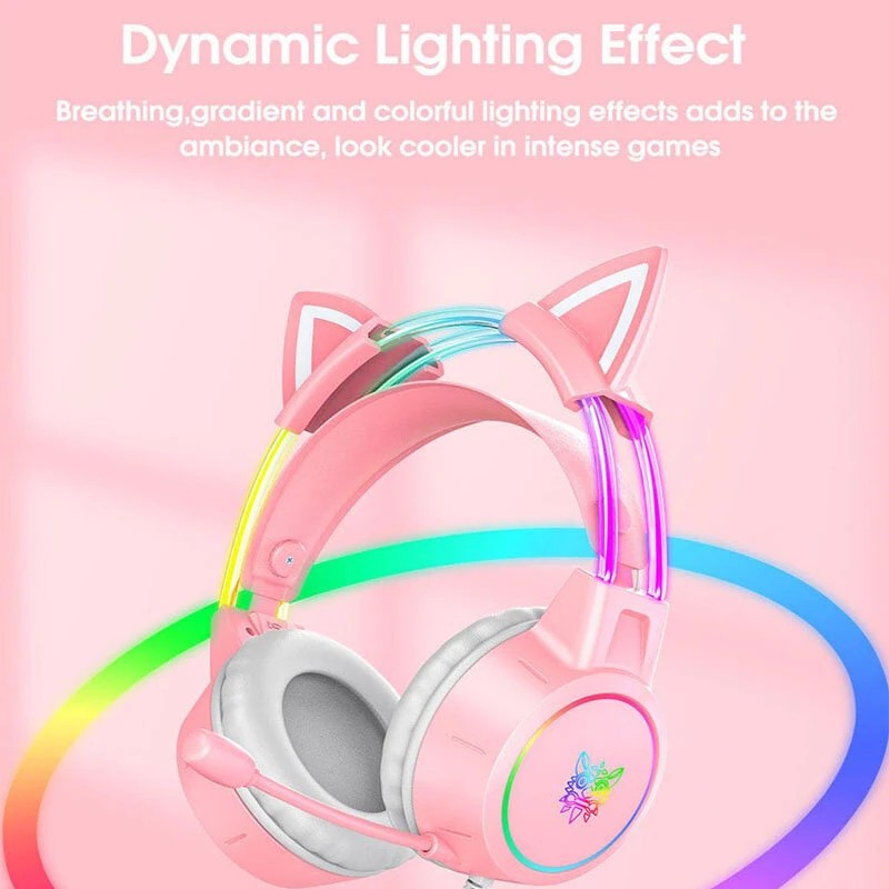 ONIKUMA X15 PRO vaaleanpunaiset kissankorvakuulokkeet pelikuulokkeet 50 mm tilaääni RGB-valaistus HD-mikrofoni