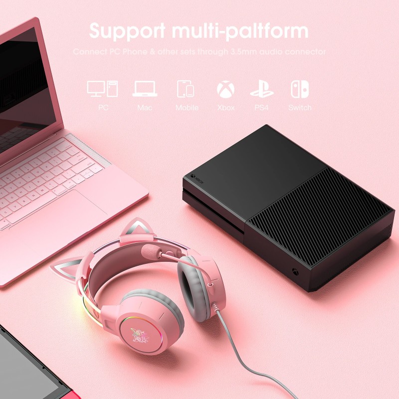 ONIKUMA X15 PRO vaaleanpunaiset kissankorvakuulokkeet pelikuulokkeet 50 mm tilaääni RGB-valaistus HD-mikrofoni