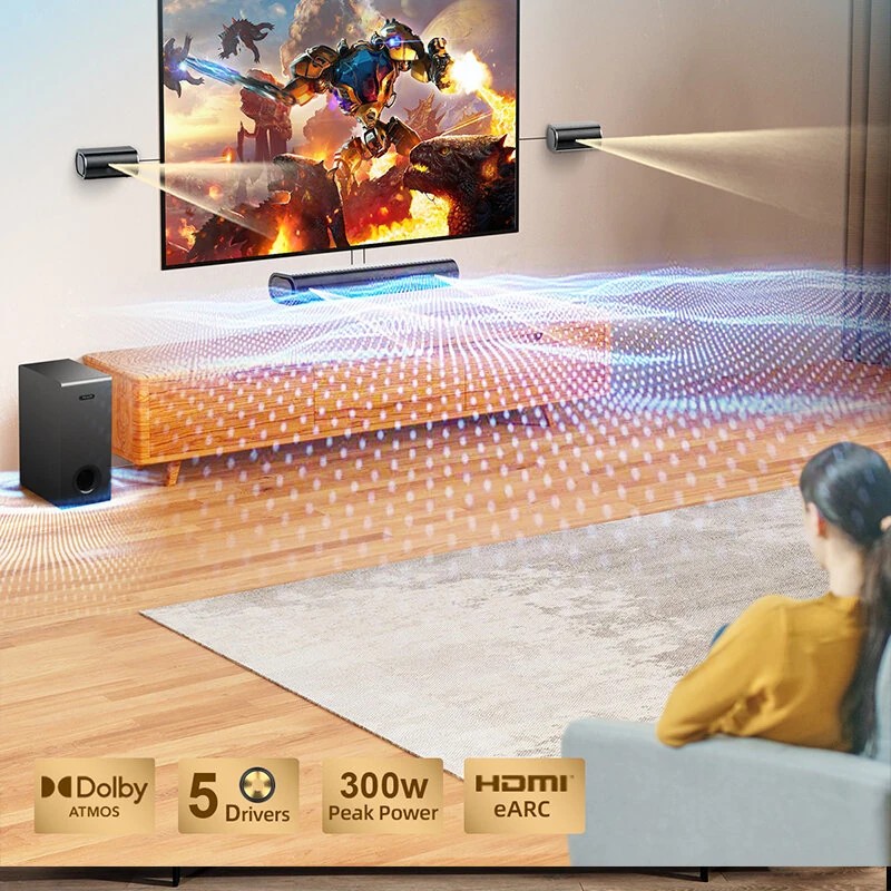 Hiwill A41 Dolby Atmos 300W 4.1CH äänipalkki erillisellä subwooferilla ja surround-kaiuttimilla